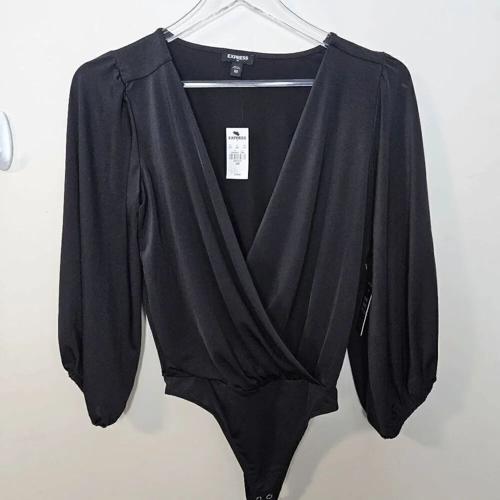 Express Faux Wrap Balloon Drape Sleeve Silky Dressy Bodysuit NWT 2668052 Womens